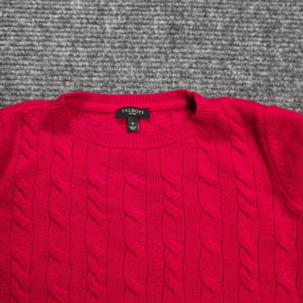 Talbots Petites Cable Knit Sweater Women's Size P Red Button Cuff Crew Neck - Picture 5 of 7